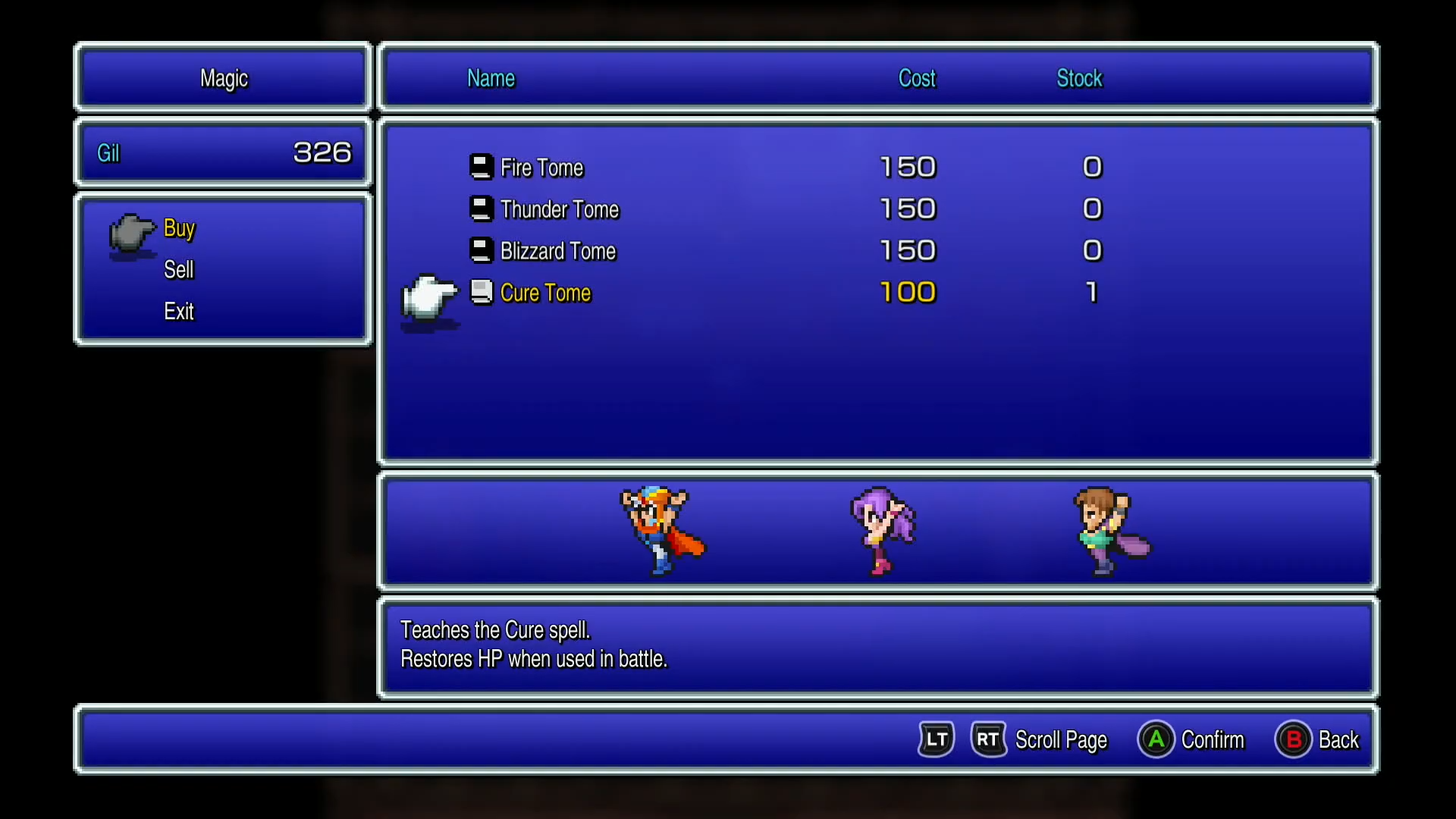 Magic shop in Altair showing Cure and other starter spells